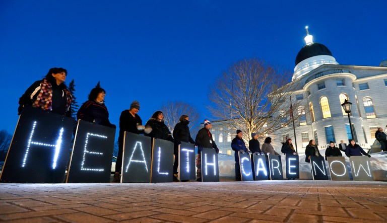 Mainers for Health Care rally outside the State House prior to Gov. Paul LePage's State of the State address on Feb. 13, 2018, in Augusta, Maine.