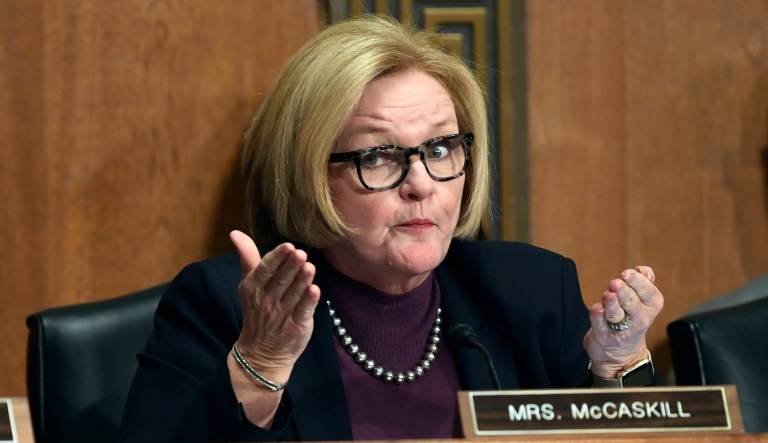 Sen. Claire McCaskill, D-Mo., right, asks a question during a hearing on Capitol Hill in Washington, D.C.