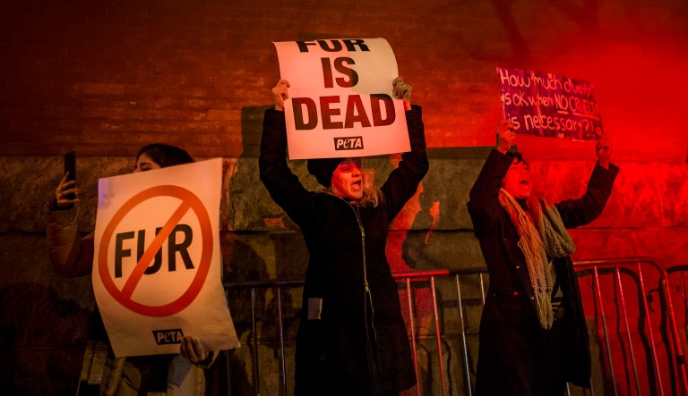 Animal right activists are lit by flashing police lights as they protest outside Marc Jacobs' fashion show during Fashion Week in New York.