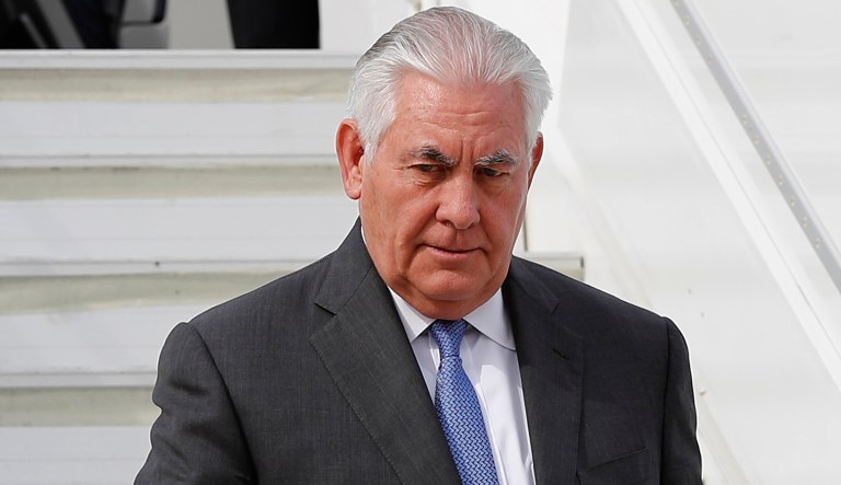 Rex Tillerson exits a plane as he arrives at Rafik Hariri international airport, in Beirut, Lebanon.