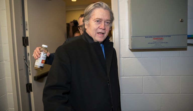 Steve Bannon, President Donald Trump's former chief strategist, takes a stairwell at the Capitol as he arrives for questioning by the House Intelligence Committee as part of its ongoing investigation into meddling in the U.S. elections by Russia, in Washington, Thursday, Feb. 15, 2018. 