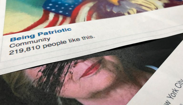 A Facebook posting, released by the House Intelligence Committee, for a group called "Being Patriotic" is photographed in Washington, Feb. 16, 2018. 