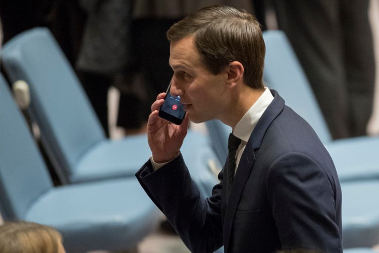 Jared Kushner takes a phone call before a Security Council meeting at United Nations headquarters.
