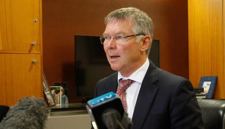 New Zealand Attorney General David Parker speaks to reporters in Wellington, New Zealand.