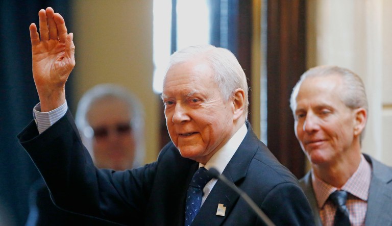 Sen. Orrin Hatch, R-Utah, waves after addresses the Utah Senate in Salt Lake City.