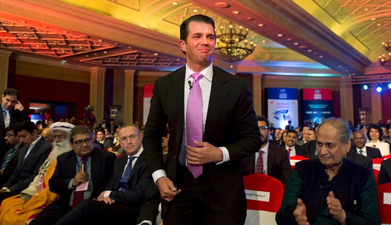 Donald Trump Jr. gets up to speak at a global business summit in New Delhi, India, in February 2018.