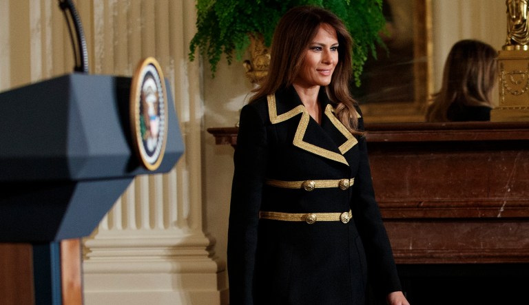 First lady Melania Trump arrives for a news conference in the East Room of the White House in Washington. (AP Photo/Carolyn Kaster)