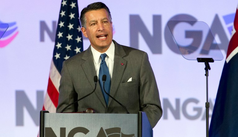 National Governors Association (NGA) Chair, Gov. Brian Sandoval of Nevada speaks during the National Governor Association 2018 winter meeting, on Saturday, Feb. 24, 2018, in Washington.