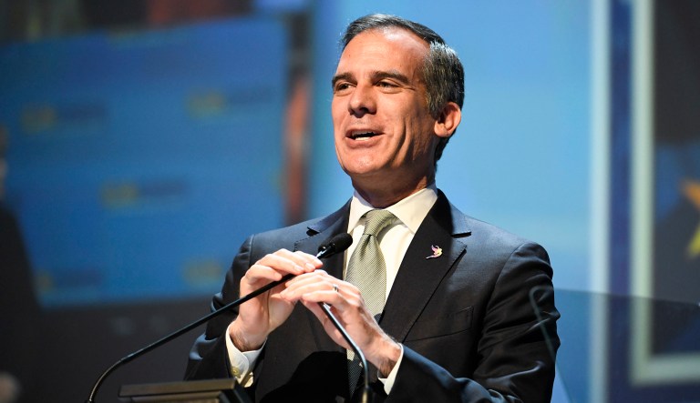 Los Angeles Mayor Eric Garcetti speaks at the 2018 California Democrats State Convention Saturday, Feb. 24, 2018, in San Diego.