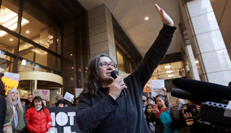 In this Jan. 16, 2018, file photo, Maru Mora-Villalpando, an immigrant rights activist who is facing deportation, acknowledges supporters at a news conference in Seattle.
