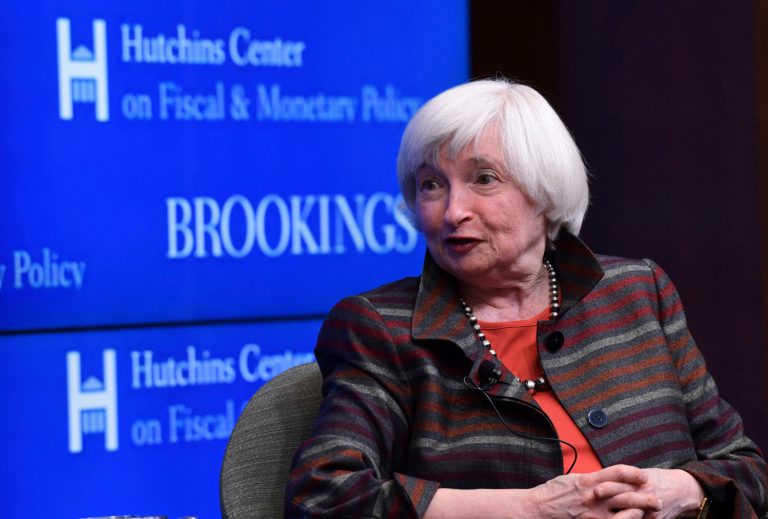 Former Federal Reserve Chair Janet Yellen, speaks during a discussion at the Brookings Institute with former Federal Reserve Chair Ben Bernanke in Washington, Tuesday, Feb. 27, 2018. 