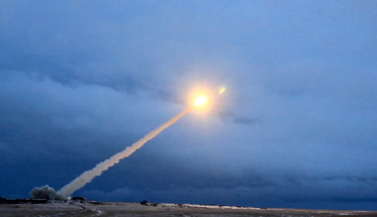 This video grab provided by RU-RTR Russian television via AP television on Thursday, March 1, 2018, shows the launch of what President Vladimir Putin said is Russia's new nuclear-powered intercontinental cruise missile. President Vladimir Putin declared Thursday that Russia has developed a range of new nuclear weapons, claiming they can't be intercepted by enemy.