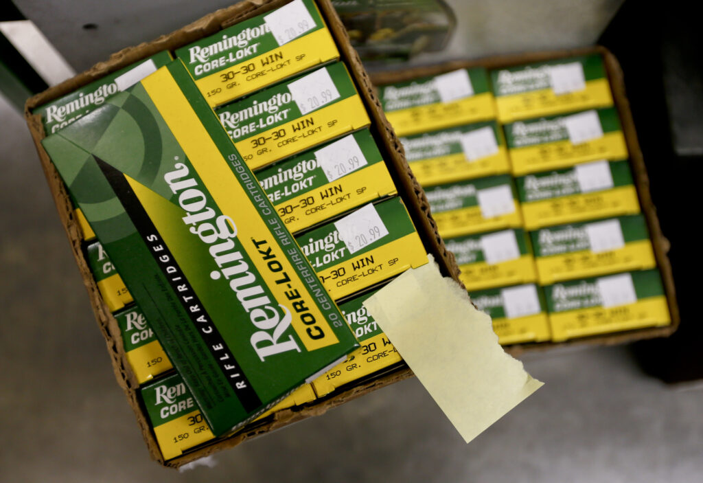 In this Thursday, March 1, 2018, photo Remington rifle ammunition is shown at Duke's Sport Shop in New Castle, Pa.