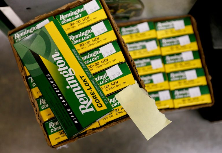 In this Thursday, March 1, 2018, photo Remington rifle ammunition is shown at Duke's Sport Shop in New Castle, Pa.