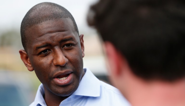 Democratic gubernatorial candidate Andrew Gillum chats with students during a voter registration event at Weston Regional Park on March 2, 2018, in Weston, Fla.