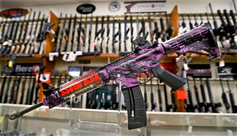 A Smith & Wesson M&P 15-22 Muddy Girl Sport rifle chambered in .22 LR is shown in front of a rack of other rifles at Duke's Sport Shop in New Castle, Pa. on Thursday, March 1, 2018.
