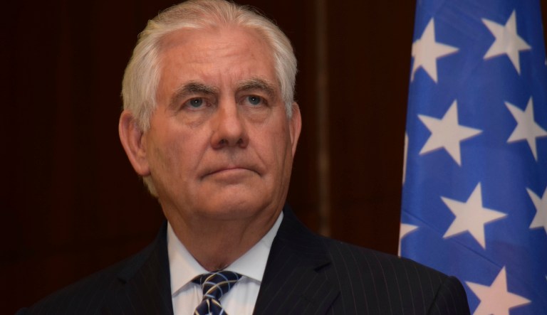 .Rex Tillerson listens to a question during a media conference at the Presidential Villa in Abuja, Nigeria.