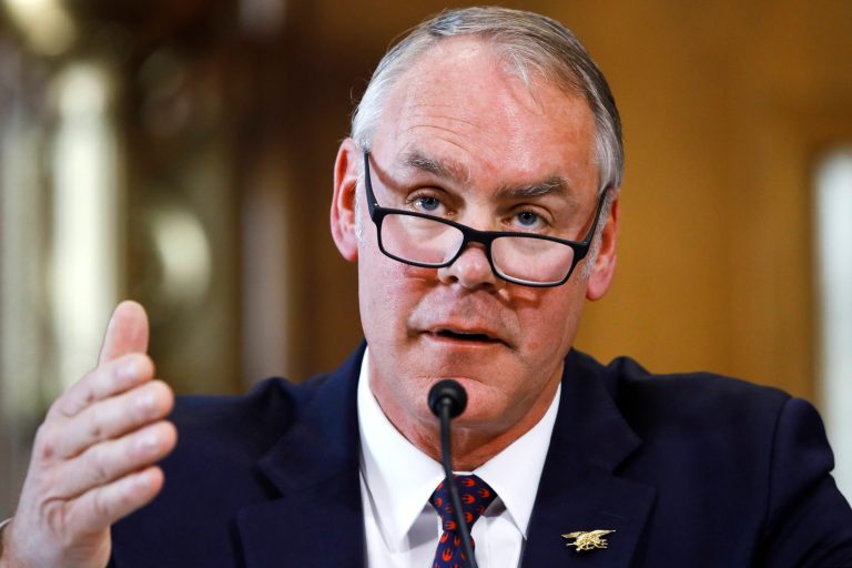 Interior Secretary Ryan Zinke testifies before the Senate Committee on Energy and Natural Resources during a committee hearing on Capitol Hill in Washington.
