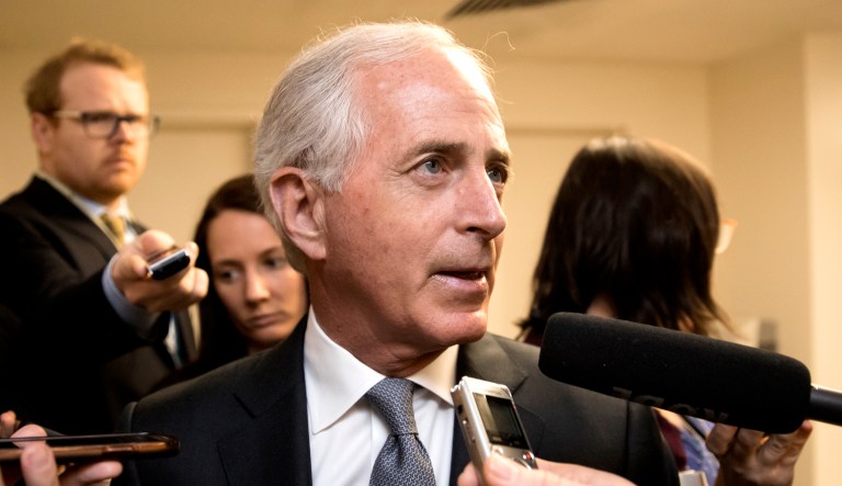 Senate Foreign Relations Committee Chairman Bob Corker, R-Tenn., answers questions from reporters.
