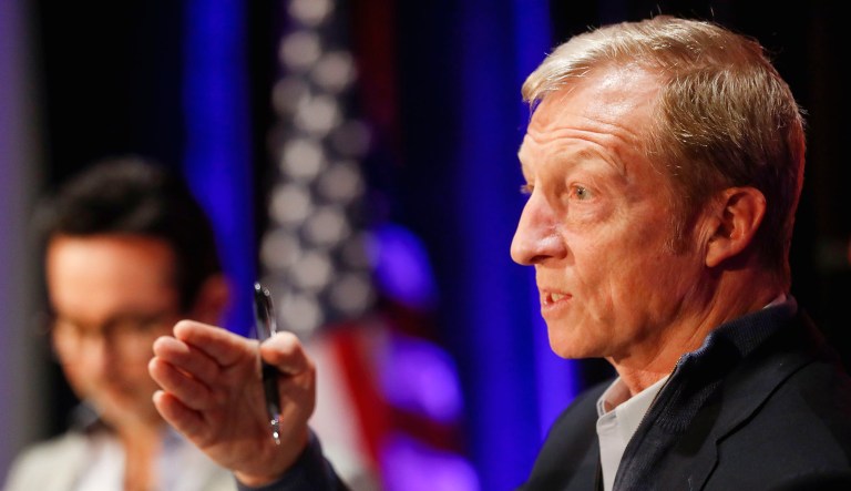 Political activist Tom Steyer speaks during the "Need to Impeach" town hall event in Cincinnati.