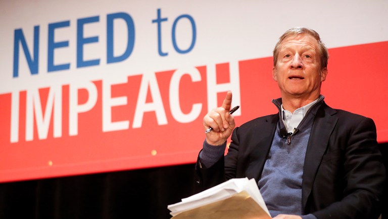 Political activist Tom Steyer speaks during the "Need to Impeach" town hall event at the Clifton Cultural Arts Center.