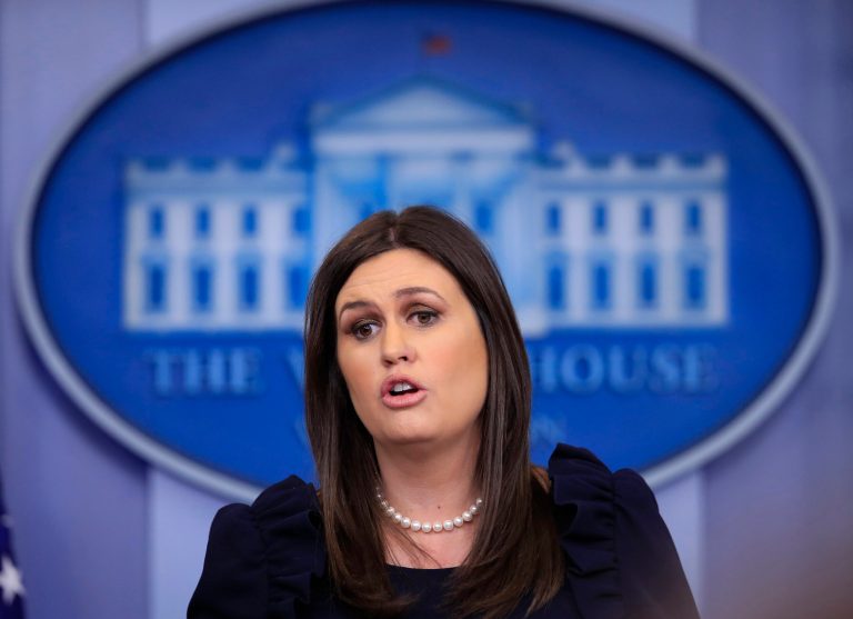 White House press secretary Sarah Huckabee Sanders talks to reporters during the daily press briefing in the Brady press briefing room at the White House.