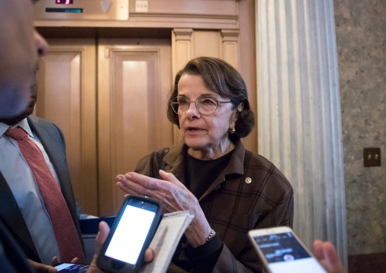 Sen. Dianne Feinstein, D-Calif., the top Democrat on the Senate Judiciary Committee, talks to reporters following a weekly Democratic policy lunch on Capitol Hill in Washington, Tuesday, March 20, 2018.