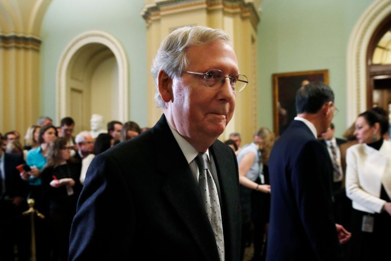 Senate Majority Leader Mitch McConnell, R-Ky., leaves a news conference with Republican leaders on Capitol Hill in Washington.