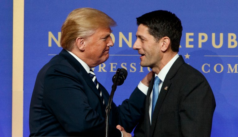 Speaker of the House Rep. Paul Ryan, R-Wis., greets President Trump at the National Building Museum, Tuesday, March 20, 2018, in Washington. 