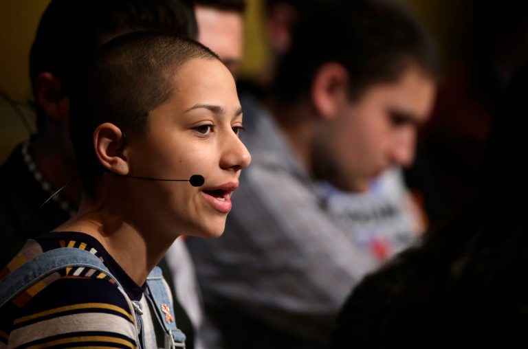 Marjory Stoneman Douglas High School student Emma Gonzalez, left, participates in a panel discussion about guns.