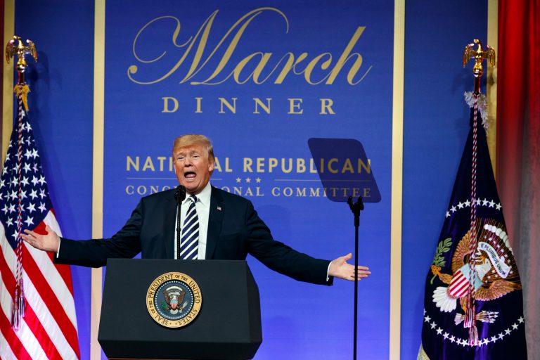In this photo from Monday, President Trump speaks to the National Republican Congressional Committee March Dinner at the National Building Museum in Washington, D.C.
