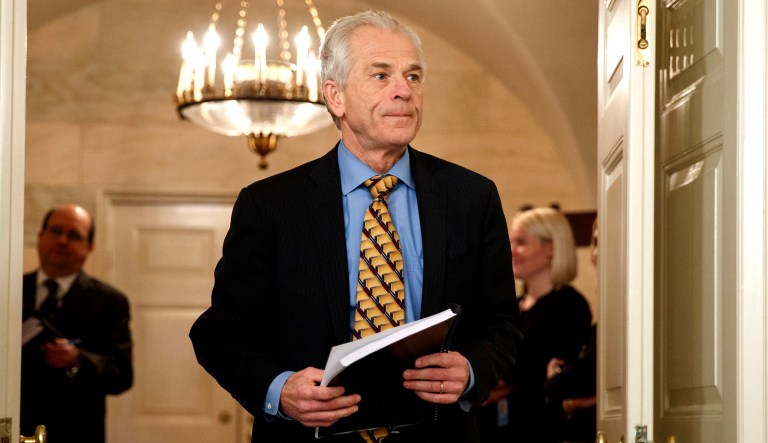 White House trade adviser Peter Navarro arrives for an event with President Trump in the Diplomatic Reception Room of the White House in Washington.