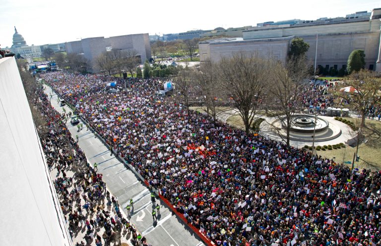 Protesters fill Pennsylvania Avenue, as seen from the Newseum, during the "March for Our Lives" rally in support of gun control in Washington on Saturday.