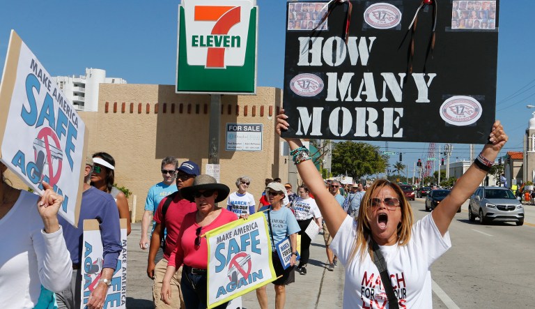Participants take part in the March For Our Lives event, Saturday, March 24, 2018, in West Palm Beach, Fla.Large rallies with crowds estimated in the tens of thousands in some cases also unfolded in such cities as Boston; New York; Los Angeles; Chicago; Houston; Phoenix; Fort Worth, Texas; Minneapolis; and Parkland, Florida, the site of the Feb. 14 attack at Marjory Stoneman Douglas High School that left 17 people dead.