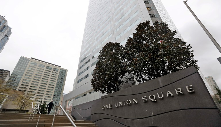One Union Square, the downtown Seattle building that houses the Russian consulate on the 25th floor, is seen Monday, March 26, 2018. The United States and more than a dozen European nations kicked out Russian diplomats on Monday and the Trump administration ordered Russia's consulate in Seattle to close, as the West sought joint punishment for Moscow's alleged role in poisoning an ex-spy in Britain. 