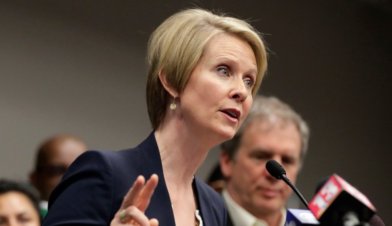 Candidate for New York governor Cynthia Nixon speaks during a news conference in Albany, N.Y.