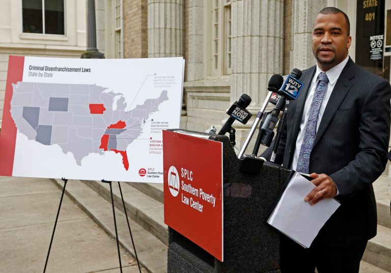 Jody Owens, of the Southern Poverty Law Center, says Mississippi's system is "harsh, punitive and unforgiving" and disproportionately hurts African-Americans, during a Tuesday, March 27, 2018, news conference in Jackson, Miss., where the center announced their new federal lawsuit challenging the limited way Mississippi restores voting rights to ex-convicts who complete their sentences.