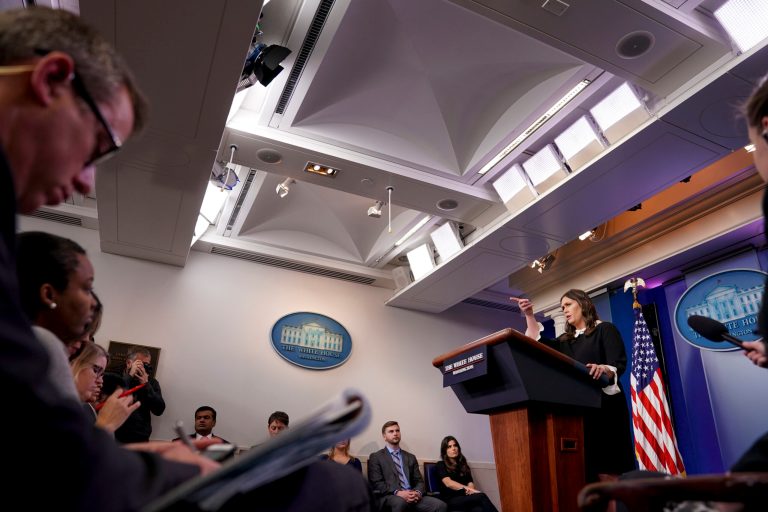 White House press secretary Sarah Huckabee Sanders calls on a reporter during the daily press briefing at the White House, Tuesday, March 27, 2018, in Washington. Sanders discussed the removal of Russian diplomats, the opiate crisis, and other topics.