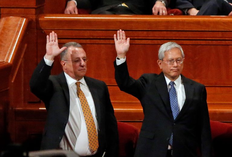 Ulisses Soares, left, of Brazil and Gerrit W. Gong, who is Chinese-American, join a panel called the Quorum of the Twelve Apostles at the start of a twice-annual conference of The Church of Jesus Christ of Latter-day Saints on Saturday in Salt Lake City.