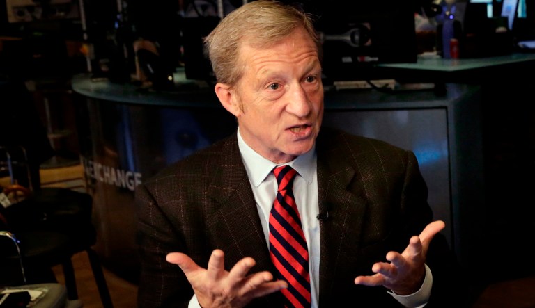 Tom Steyer is interviewed on Cheddar on the floor of the New York Stock Exchange, Monday, April 2, 2018. Steyer, the billionaire hedge-fund magnate-turned-liberal activist, has committed at least $31 million this year to what is believed to be the largest youth vote organizing effort in American history.