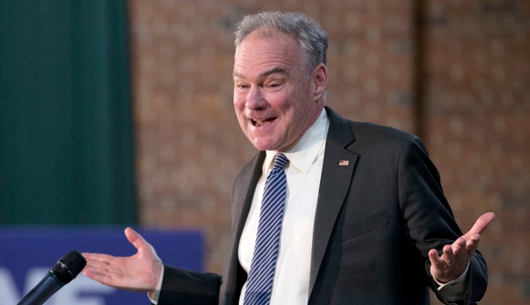 Sen. Tim Kaine, D-Virginia, gestures during an event.