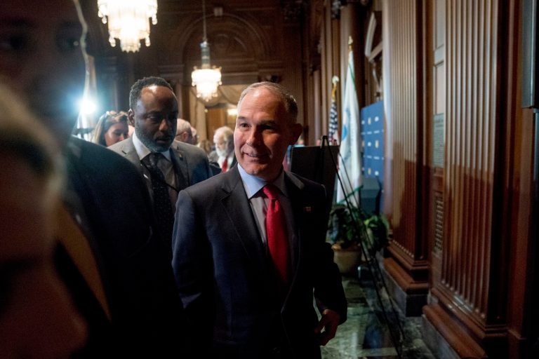 Environmental Protection Agency Administrator Scott Pruitt departs following a news conference at the Environmental Protection Agency in Washington, D.C.