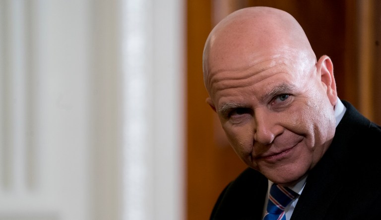 Outgoing national security adviser H.R. McMaster attends a news conference in the East Room of the White House in Washington, Tuesday, April 3, 2018.