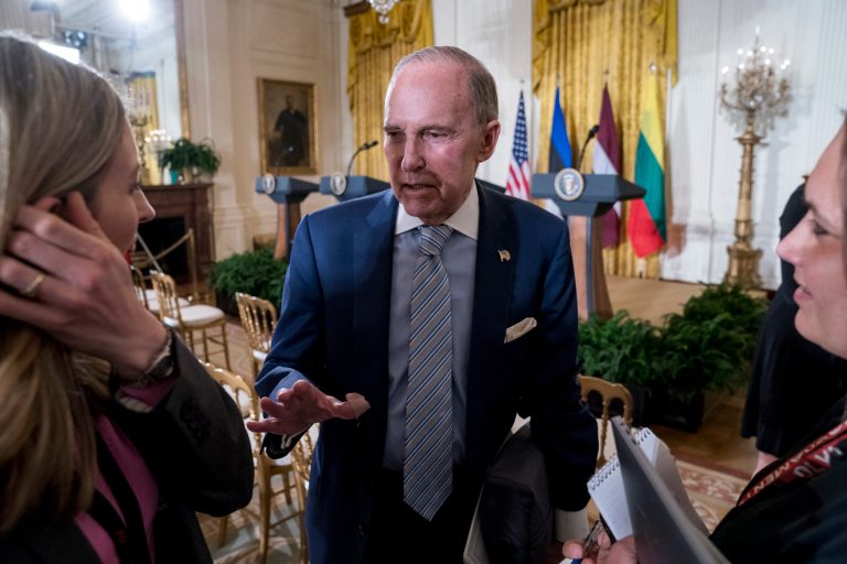 White House chief economic adviser Larry Kudlow speaks to reporters following a news conference with Latvian President Raimonds Vejonis, Estonian President Kersti Kaljulaid, Lithuanian President Dalia Grybauskaite, and President Trump in the East Room of the White House in Washington.