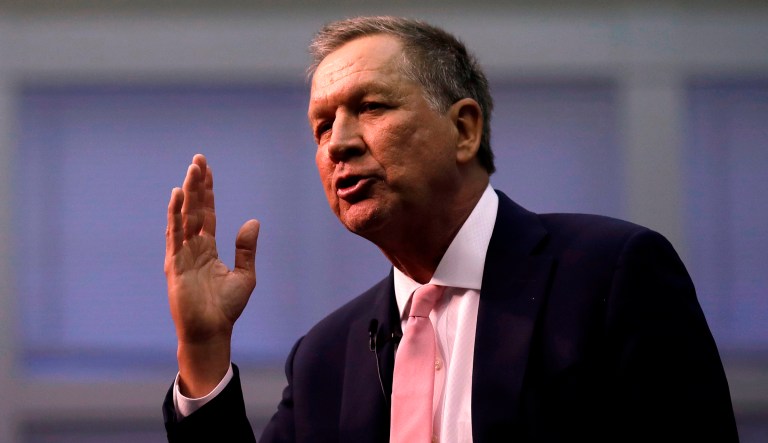 Republican Ohio Gov. John Kasich, a former 2016 Presidential hopeful, gestures during a visit to New England College in Henniker, N.H., Tuesday, April 3, 2018.