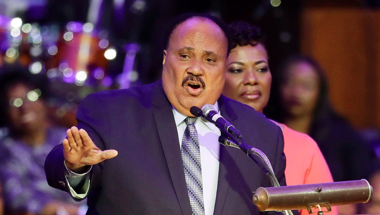 Martin Luther King III speaks at the Mason Temple of the Church of God in Christ.