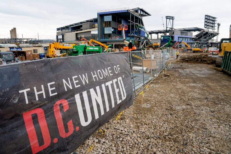 Construction occurs on Audi Field, the new D.C. United stadium for Major League Soccer, at Buzzard Point near Nationals Park in Washington.