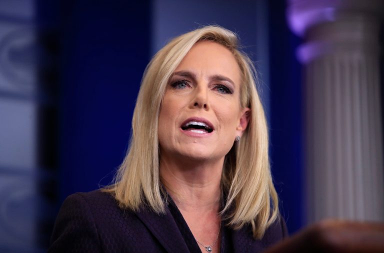 Homeland Security Secretary Kirstjen Nielsen, talks to reporters during the daily press briefing in the Brady press briefing room at the White House, in Washington, Wednesday, April 4, 2018.