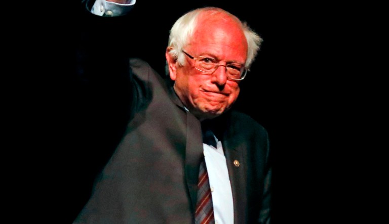 U.S. Sen. Bernie Sanders, I-Vt., waves as he leaves the stage after a town hall meeting with Jackson Mayor Chokwe Antar Lumumba, examining economic justice 50 years after the assassination of Dr. Martin Luther Kin Jr., Wednesday, April 4, 2018, in Jackson, Miss. 