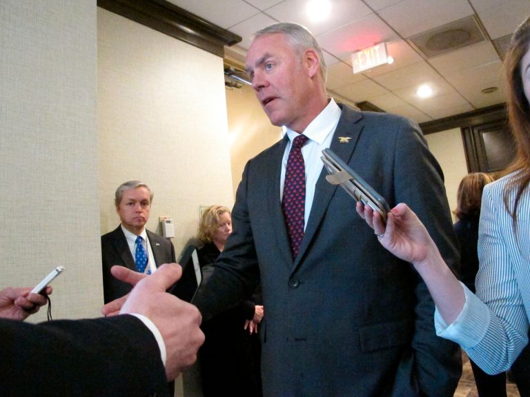 In this photo, Interior Secretary Ryan Zinke speaks to reporters. The secretary noted there is "a lot of opposition" on the east and west coasts to President Trump's offshore oil and gas drilling plan.